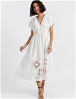 Pure Cotton Broderie Midi Waisted Dress