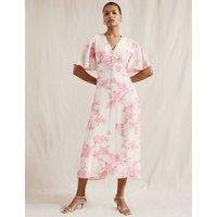 Floral V-Neck Kimono Cape Detail Midi Dress