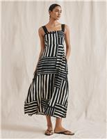 Albaray Linen Blend Striped Midaxi Waisted Dress Black Mix