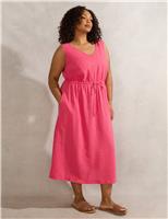 Linen Blend V-Neck Midi Waisted Dress