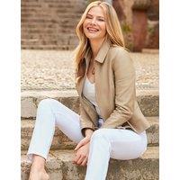 SOSANDAR Leather Collared Zip Detail Bomber Jacket Beige