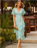 Printed Angel Sleeve Midaxi Wrap Dress