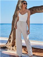 SOSANDAR Drawstring Wide Leg Trousers with Linen Natural