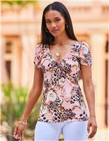 SOSANDAR Jersey Animal Print V-Neck Top Pink Mix