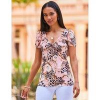 SOSANDAR Jersey Animal Print V-Neck Top Pink Mix