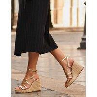 SOSANDAR Leather Metallic Strappy Wedge Espadrilles Gold
