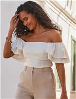 SOSANDAR Linen Blend Square Neck Ruffle Sleeve Bardot Top Ivory