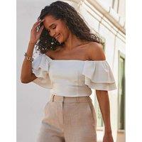 SOSANDAR Linen Blend Square Neck Ruffle Sleeve Bardot Top Ivory