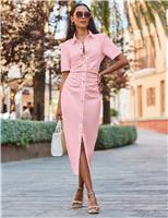 Denim Collared Ruched Midaxi Bodycon Dress