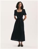 Pure Cotton Square Neck Midi Tiered Dress