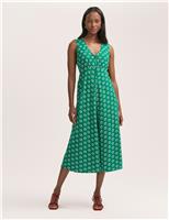 Spot Print V-Neck Midi Tea Dress