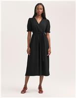 Crepe V-Neck Tie Waist Midi Wrap Dress