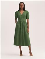 Cotton Blend Gingham V-Neck Midi Tea Dress