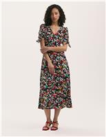 Crepe Floral V-Neck Midi Tea Dress