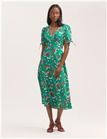 Finery London Crepe Floral V-Neck Midi Tea Dress Green Mix