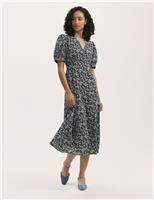 Floral V-Neck Empire Line Midi Tea Dress
