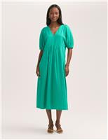 Cotton Blend Gingham V-Neck Midi Smock Dress