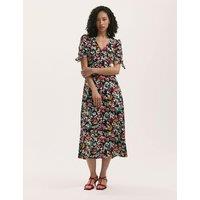Finery London Crepe Floral V-Neck Midi Tea Dress Black Mix