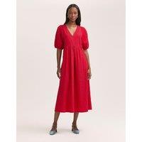 Cotton Blend Gingham V-Neck Midi Smock Dress