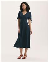 Crepe Floral V-Neck Midi Tea Dress