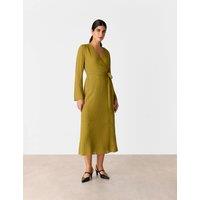 Whistles Textured V-Neck Tie Waist Midi Wrap Dress Olive