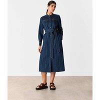 Denim Belted Button Through Midi Waisted Dress
