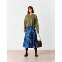 Denim Floral Midi A-Line Skirt