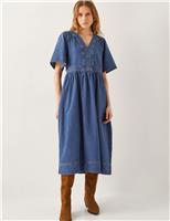 Denim V-Neck Midi Skater Dress