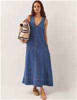 Monsoon Denim V-Neck Midi Skater Dress Mid Blue