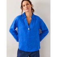 Monsoon Pure Linen Collared V-Neck Popover Blouse Blue
