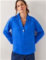Monsoon Pure Linen Collared V-Neck Popover Blouse Blue