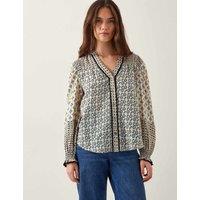 Printed V-Neck Blouson Sleeve Blouse