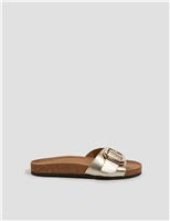 Monsoon Leather Metallic Buckle Flat Sliders Gold