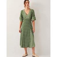 Geometric V-Neck Frill Sleeve Midi Tea Dress