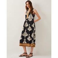 Leaf Print Collared V-Neck Midi Beach Dress With Linen