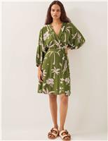 Printed V-Neck Knee Length Waisted Beach Dress