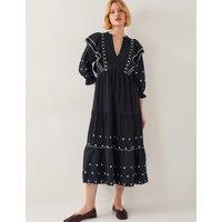 Pure Cotton Embroidered V-Neck Midi Tea Dress