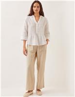 Pure Linen Collared V-Neck Pintuck Blouse