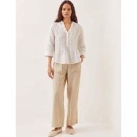 Monsoon Pure Linen Collared V-Neck Pintuck Blouse White