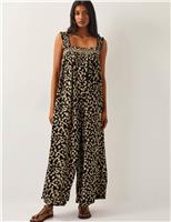 Batik Shirred Sleeveless Wide Leg Jumpsuit