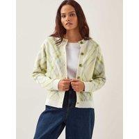 Textured Argyle Crew Neck Cardigan with Wool
