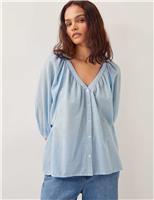 Monsoon Pure Cotton Striped V-Neck Blouse Pale Blue