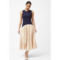 Round Neck Mix Pleated Midi Drop Waist Dress