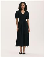 Pure Cotton V-Neck Midi Shirred Dress