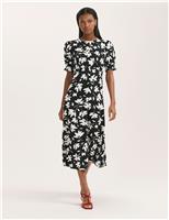 Jersey Floral Midi Waisted Dress