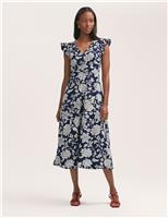 Printed V-Neck Ruffle Midi Tea Dress