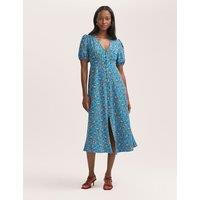 Finery London Crepe V-Neck Button Through Midi Tea Dress Blue Mix