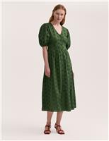 Finery London Pure Cotton Broderie V-Neck Midi Dress Light Green