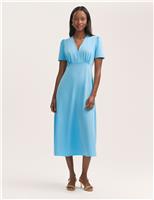 V-Neck Button Front Midi Tea Dress
