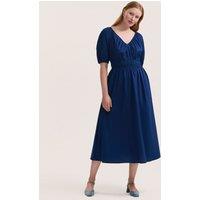 Finery London Pure Cotton V-Neck Midi Waisted Dress Indigo